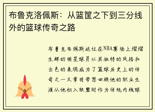 布鲁克洛佩斯：从篮筐之下到三分线外的篮球传奇之路